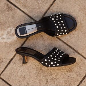 Dolce Vita Meeza Imitation Pearl Sandals Onyx Black Mesh Women’s 8 Kitten Heels